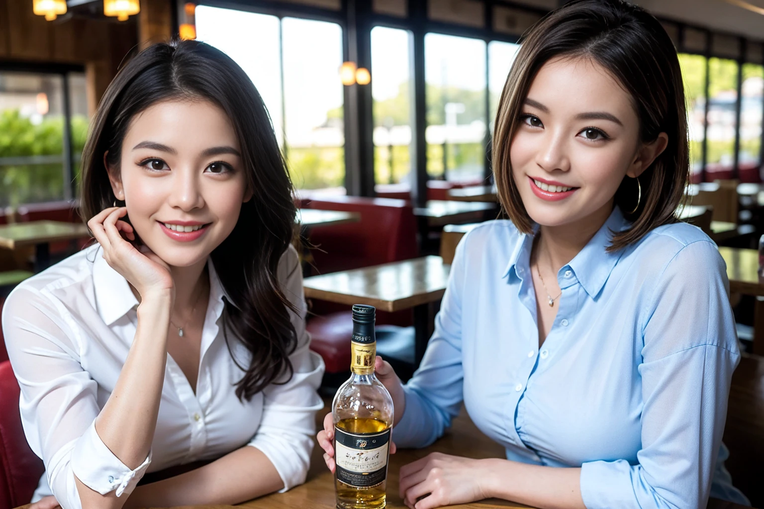 ((Highest quality、8k、masterpiece:1.3))、Whiskey bottles、The Macallan、Joni Black、Old Parr、whiskey、Suntory、Nikka、slimカップル、modelカップル、(Realistic, Intricate details:1.2), full-course dinner、Whiskey bottle and glass on the table、Single Malt、scotch、Rocks glass、Shot Glass、On the rock、Scotland、Amazing view of the sunset sky and clouds、A bright smile、The wonderfulness of smile、 Beautiful Face, blue eyes, The light shines on your face, blush, short hair,Bright Face、 (Age 37), 3,Two beauties、Brown Hair、Shortcuts、Long sleeve shirt、dress、Beautiful woman 1, (slimな顔), (The body is slim), (Brown Hair), (Shortcuts), cheeks turn a little red,Attractive beauty、restaurant, In a prominent place (From the waist up) Nova Frog Style, actress, model, Upper Body, White wine, slim, smile, (smile: 1.15), Beautiful fine grain, Depth f/2,saturation, High Contrast, Strong light and shadow,Moist Body:1.5、3D texture、Delicate eyes、Brown Hair、The hair is very shiny、