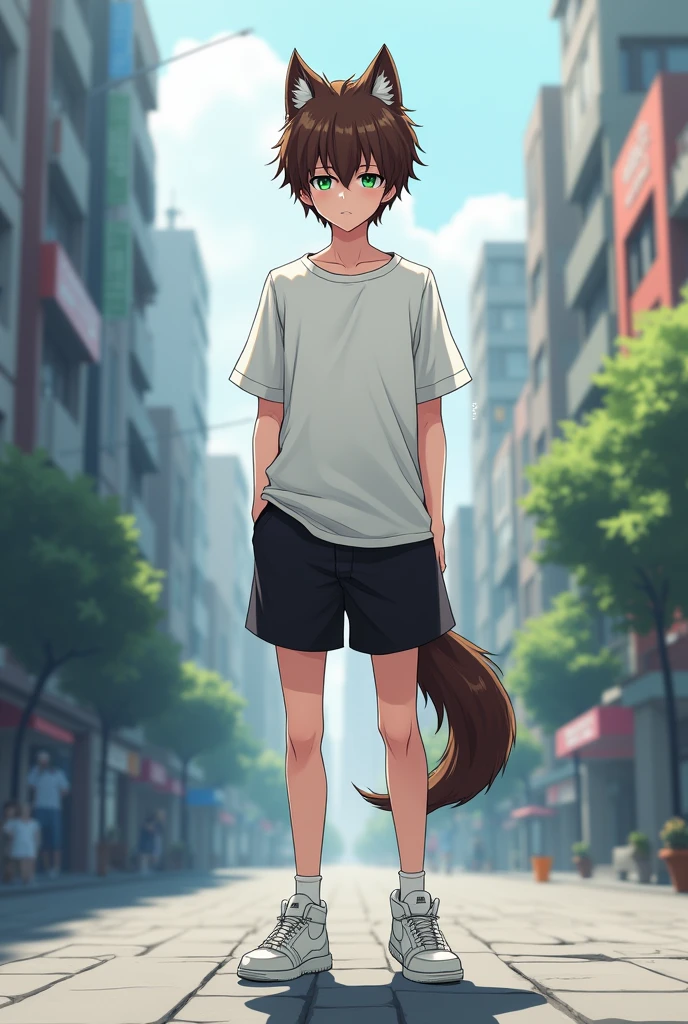 an anime character,Male gender,Rol Omega omegaverse,Brown hair a little long,height 1.31, personality Tantrum and cry, Clothing White shirt and a short black skirt and white Nike sneakers,background in the street,That it has wolf ears and tail and light water green eyes