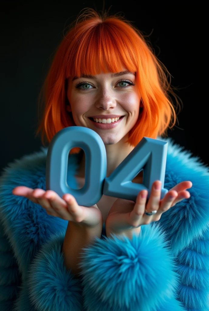 naughty sexy fashionable fun girl, professional, portrait photography, the face looks straight ahead, studio light from above and backlight from behind the head, cute girl (Sharp Focus:1.3), there is a very nice smile on the face, very detailed, beautiful detailed face, orange hair bob hairstyle, holds in his hands large voluminous matte plastic numbers 24 --Detailing, whole body, a lot of femininity, blue fur coat, Tempting, Dazzling, Black background, Backlight, installed behind the model, illuminates the back of the head and creates a frame around the head, highlighting the silhouette of the poser against the background