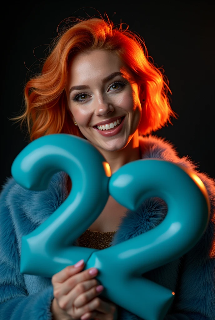 naughty sexy fashionable fun girl, professional, portrait photography, the face looks straight ahead, studio light from above and backlight from behind the head, cute girl (Sharp Focus:1.3), there is a very nice smile on the face, very detailed, beautiful detailed face, orange hair bob hairstyle, holds in his hands large voluminous matte plastic numbers 24 --Detailing, whole body, a lot of femininity, blue fur coat, Tempting, Dazzling, Black background, Backlight, installed behind the model, illuminates the back of the head and creates a frame around the head, highlighting the silhouette of the poser against the background