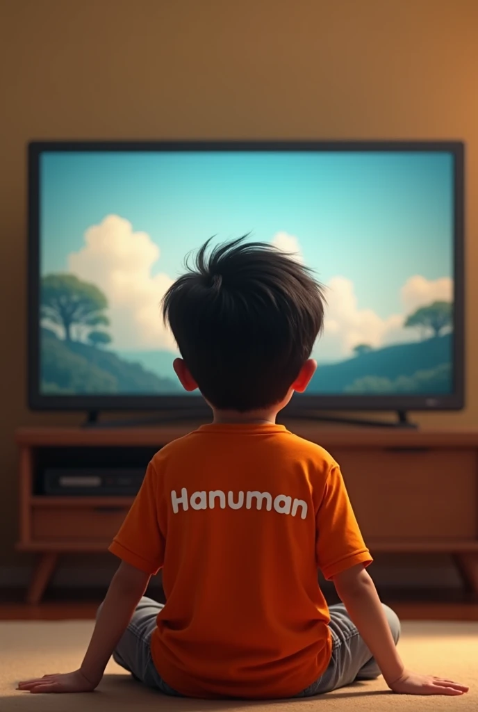 A boy sitting and watch tv on wall background
boy sitting in floor and boy wearing orange colour tshirt and write name of hanuman