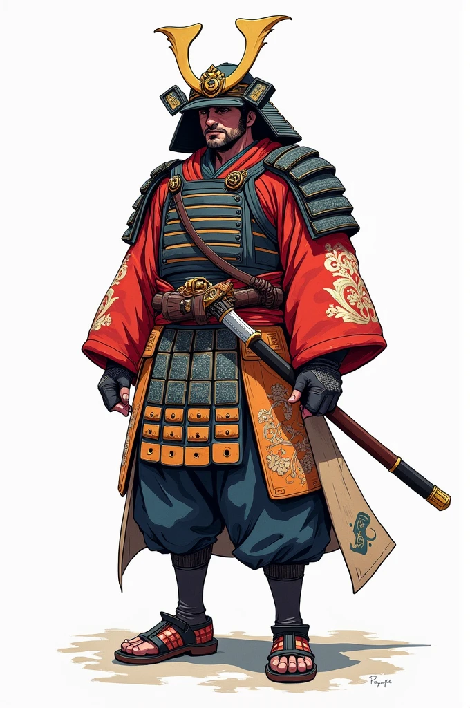 Concept hand drawn colour, samurai warrior
character, full height, cloth detailed, front and back, high quality, separate pieces of clothing