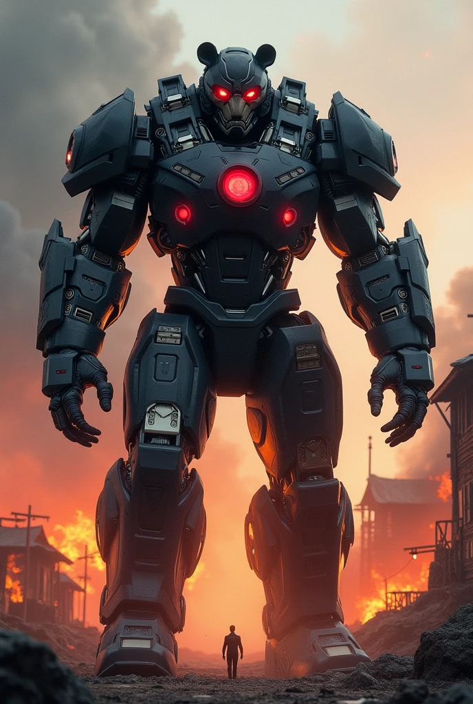 A big and muscular Armor machine style Iron man with URSA form and black body with the red eyes, class in arms, Village scenery in flames.