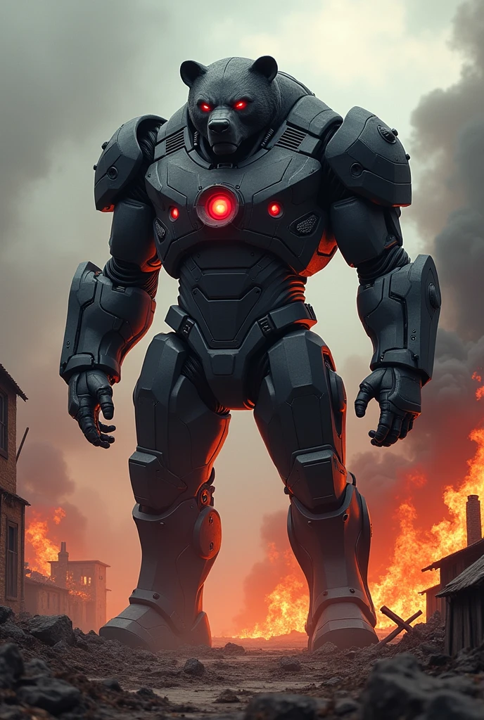 A big and muscular Armor machine style Iron man with URSA form and  black body with the red eyes, class in arms, Village scenery in flames. 