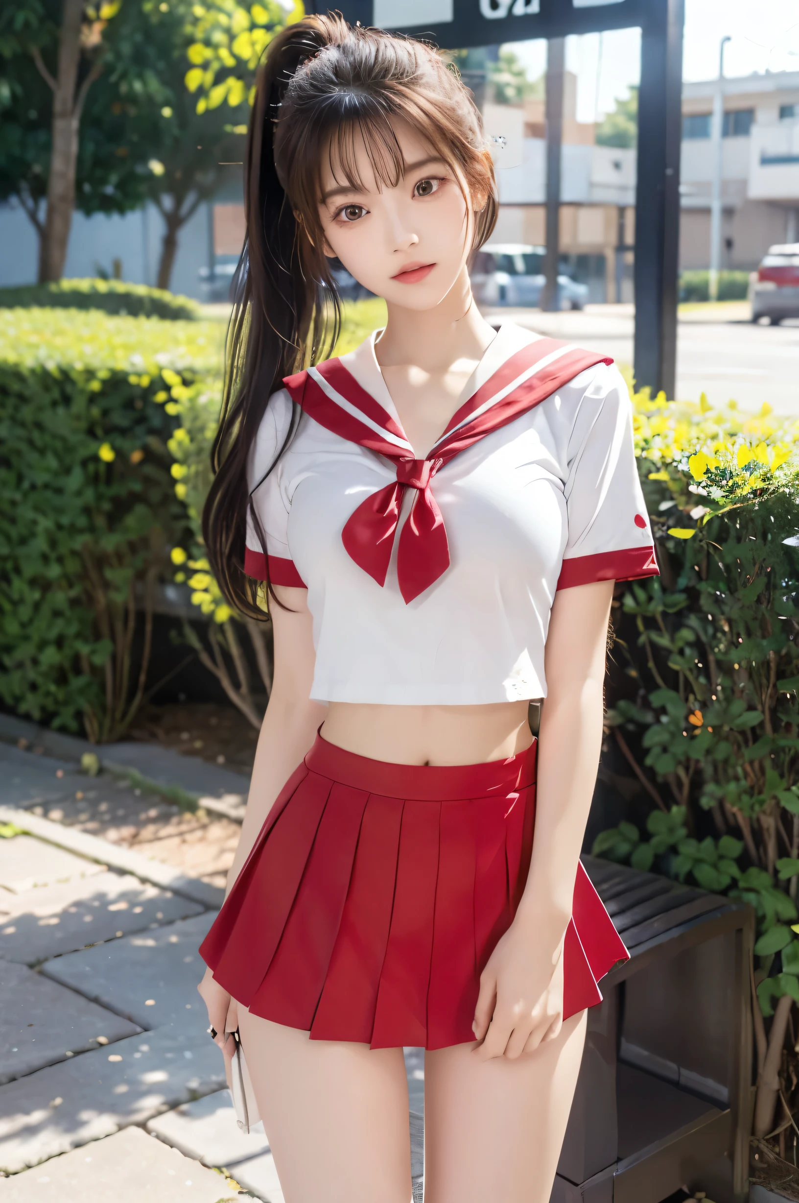 (Ultra HD), (Looking at me), (The whole body is shown), (Red short-sleeved sailor suit:1.2, Red low rise mini skirt), Big Breasts, slender, Narrow waist, (Thin legs:1.2), (Thin thighs:1.2), (Thin Hips:1.4), (Beautiful Skin, Shiny skin, White skin), (Super slim face, Super beautiful face, No makeup, smile:0.6), (ponytail, Layered Cut, Fluffy hair), (double eyelid, Slanted Eyes), Small Nose, Thin lips, Are standing, In front of the school gate