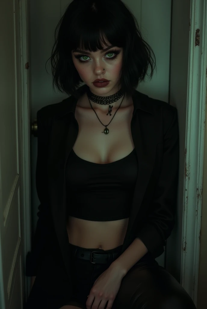 1girl, solo, dark room, black hair, short hair, green eyes, eyelashes, goth girl, choker, black shirt, black pants black lips, piercings, SLIGHTMUSCLE BULKY BODYBUILDER HYPERMUSCLE