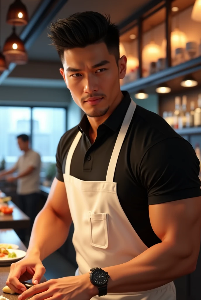 30 year old man with a well defined, athletic, muscular body, broad shoulders and a slight bulge in the lower area through the white apron, underneath black polo. Your face is a little Latin Asian, goatee, must have a strong jaw, Straight Nose, and a gentle and seductive look. The hair is black, straight and short spiky, and the eyes are dark and deep. realistic lighting, Dynamic angle, 真实感, best qualityer, fully body. sushi bar restaurant atmosphere, is working