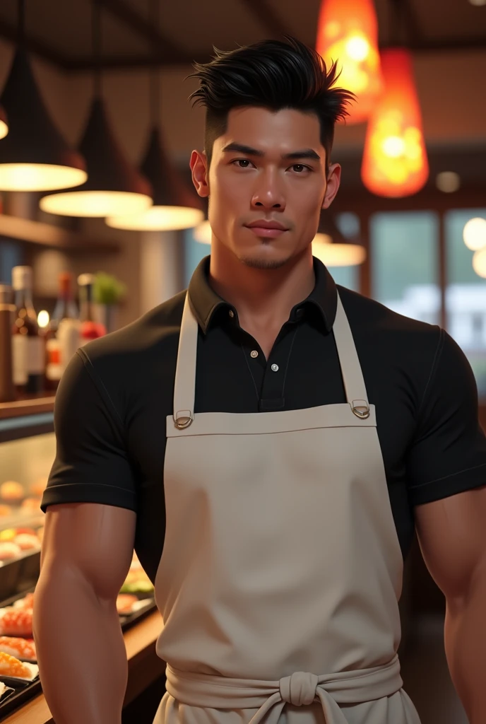 30 year old man with a well defined, athletic, muscular body, broad shoulders and a slight bulge in the lower area through the white apron, underneath black polo. Your face is a little Latin Asian, goatee, must have a strong jaw, Straight Nose, and a gentle and seductive look. The hair is black, straight and short spiky, and the eyes are dark and deep. realistic lighting, Dynamic angle, 真实感, best qualityer, fully body. sushi bar restaurant atmosphere, is working
