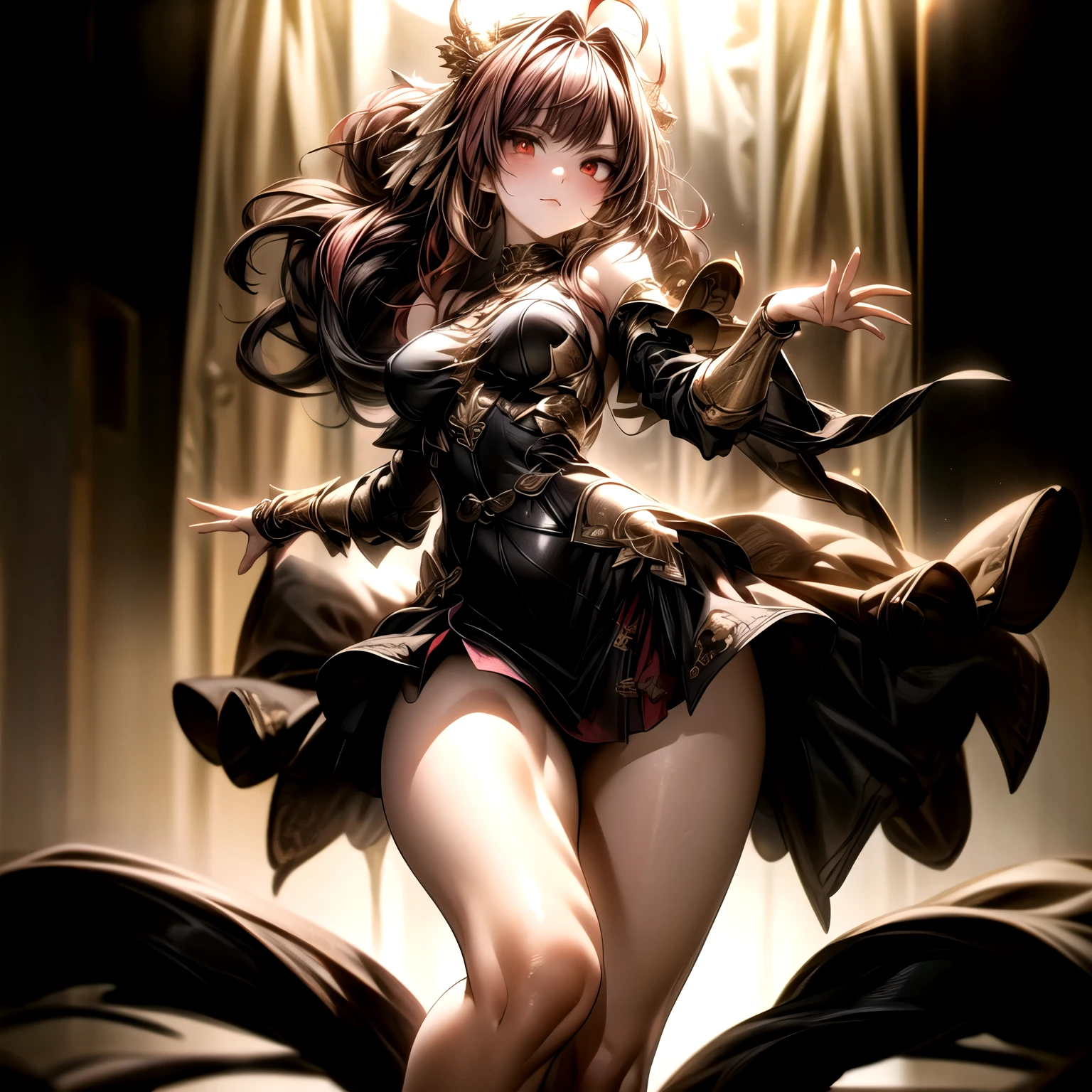 (best quality)), ((Masterpiece)), (details:1.4), 3d, HDR (high dynamic range), an image of a beautiful cyberpunk female, Fantasy, Red hair, Curtain Bangs, Sleek style, Hips up, Beautiful Red eyes, จมูกโด่ง, ปากแดง, หน้าอกใหญ่, nvidia RTX, PBR surface, After processing, Anisotropic filtration,depth of field, Maximum clarity and clarity, multi-layered surface, Subsurface scattering, perfect proportions, 8K raw files, ultra detailed, Perfect proportions, volumetric lighting, soft lighting, Holy Paldin, Heavy Golden Armor, Golden dress, intricate Golden embroidery, glossy skin, Bed room Background, jewely, ต่างหู, นิ้วมือสมบูรณ์, mini red skirt,