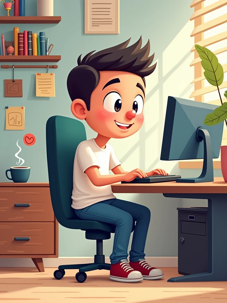 Chibi version of man using computer