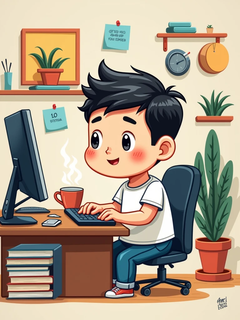 Chibi version of man using computer