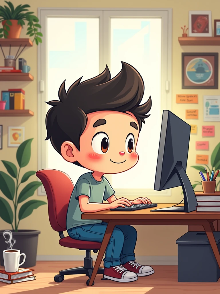 Chibi version of man using computer