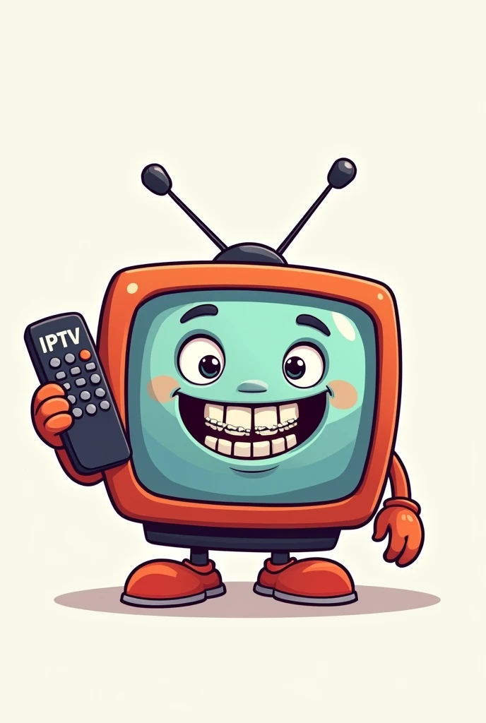 Cartoon style television smiling with braces with two arms holding a remote control with IPTV written on it