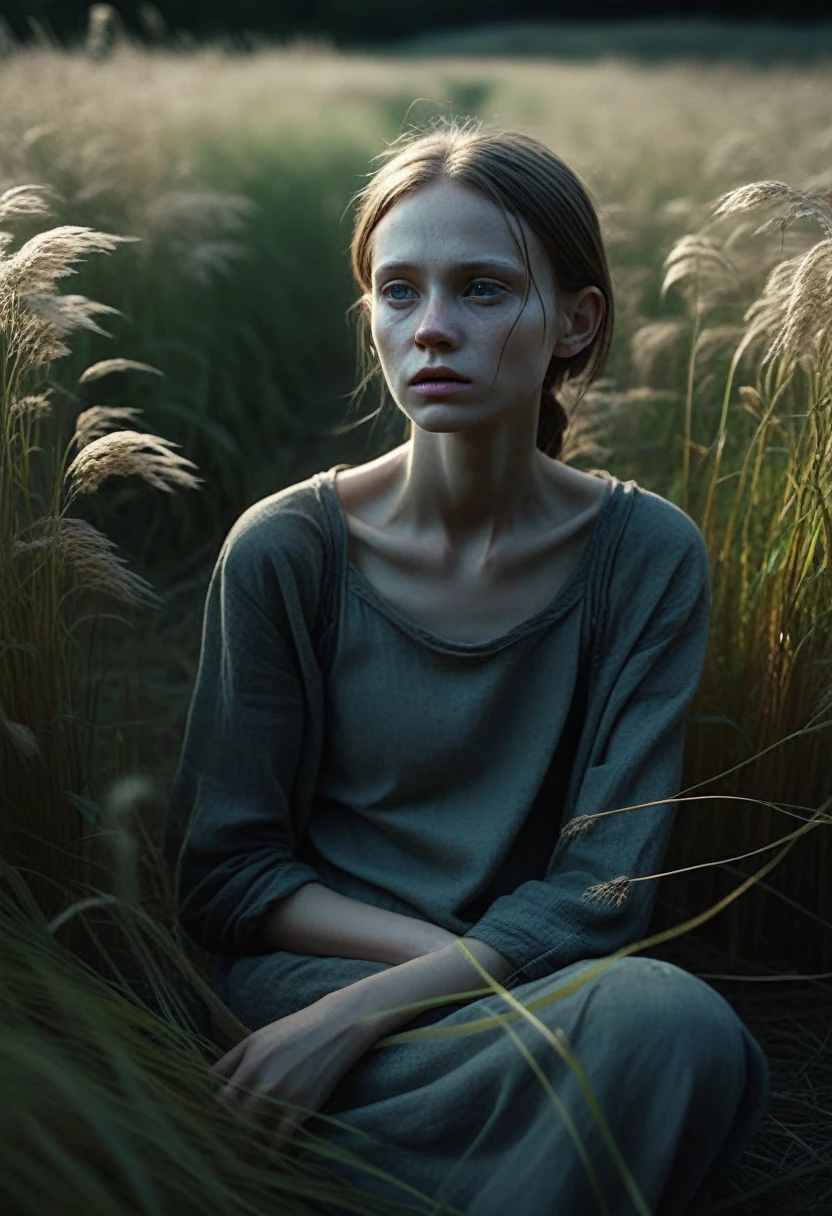 a malnourished girl, sunken eyes,emaciated body,ribs visible,pale skin,weak expression,sitting in a field of weeds,overgrown with tall grass,desolate landscape,natural lighting,gritty,dark color palette,cinematic composition,(best quality,4k,8k,highres,masterpiece:1.2),ultra-detailed,(realistic,photorealistic,photo-realistic:1.37),environmental portraiture,dramatic lighting,somber mood