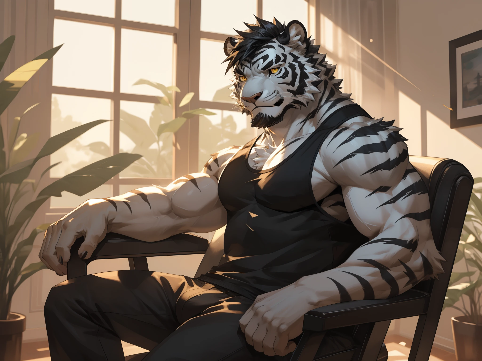 Masterpiece, Solo, (Black white tiger, Yellow eyes, Medium Black hair, Medium facial black hair) Muscular Body, Handsome, Good Looking, Adult, Fierce, Smirking, black Tanktop, boxer, sitting in chair, near windows, living room background.