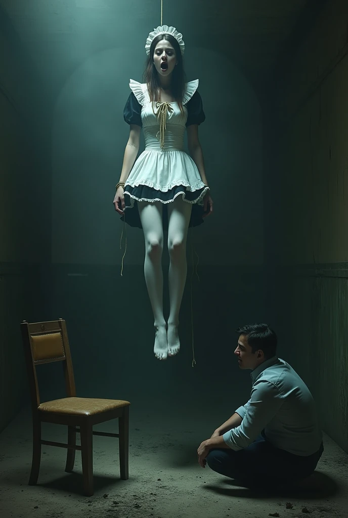 White thigh high stocking maid hanged herself to death ,hovering in the air , a man sitting on the ground in panic, The broken chair lay at the maid's feet.