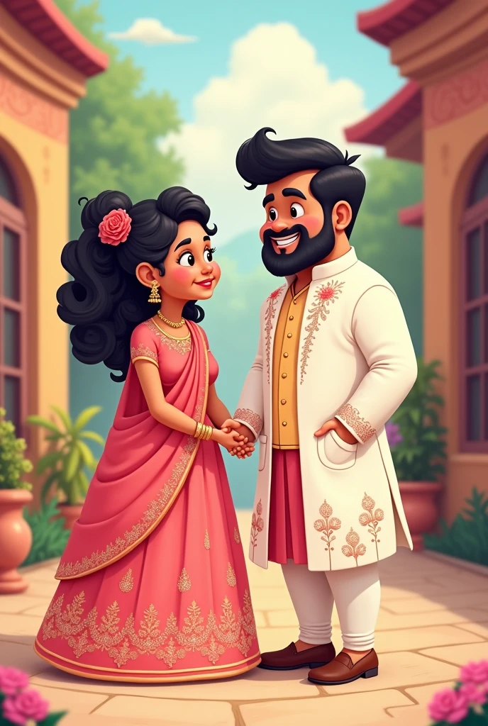 Create a cartoon image of an Indian fat Indian short girl in onion pink engagement lehenga and curly black hair with golden curls and fair skin standing next to a fat Indian boy in white open jacket sherwani with pastel work and fair skin and well shaped light beard 