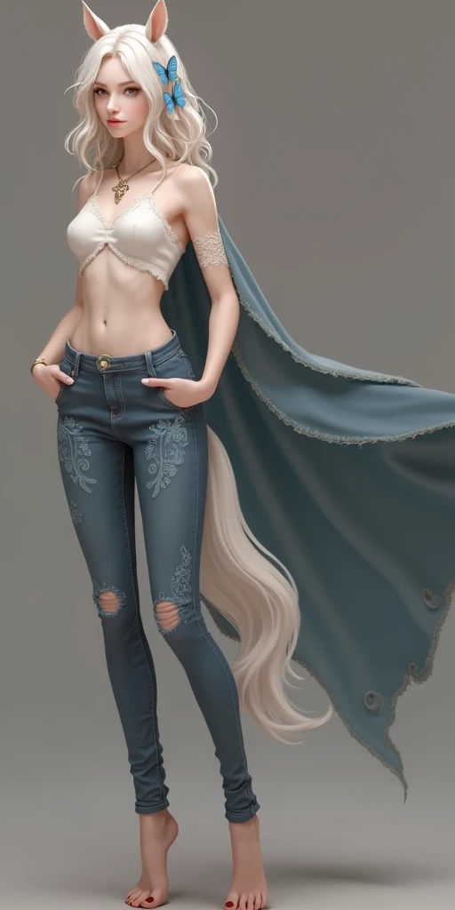 1Centaur Girl,Four-legged cowboy costume,Hands in pockets action,穿着Skinny jeans((Skinny jeans: 1.6))(Flesh-colored skin (Cynthia Sheppard), Beautiful full body concept art, horse, smooth Fair and translucent skin, Pretty blue butterfly hair accessories and pale porcelain skin, Gu Weiss, Fair and translucent skin, Pale skin,,Ivory white skin, Light milky white porcelain skin,