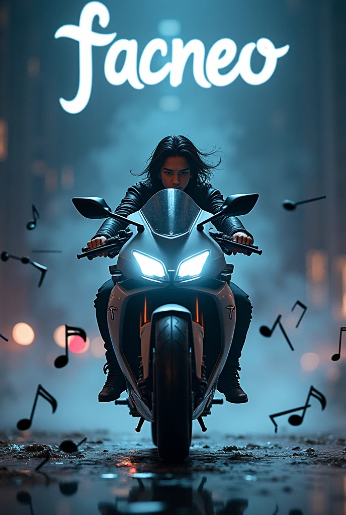 Asian boy on a beautiful motorcycle with the word facneo written in the background, with long hair and black musical notes around him