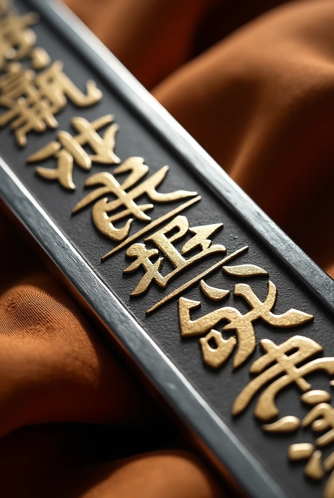 Chinese seal carving,A long strip of metal,silver,Wrap this brown cloth,Gold Engraving,Shiny grey edge.HD,Rich details,best quality,