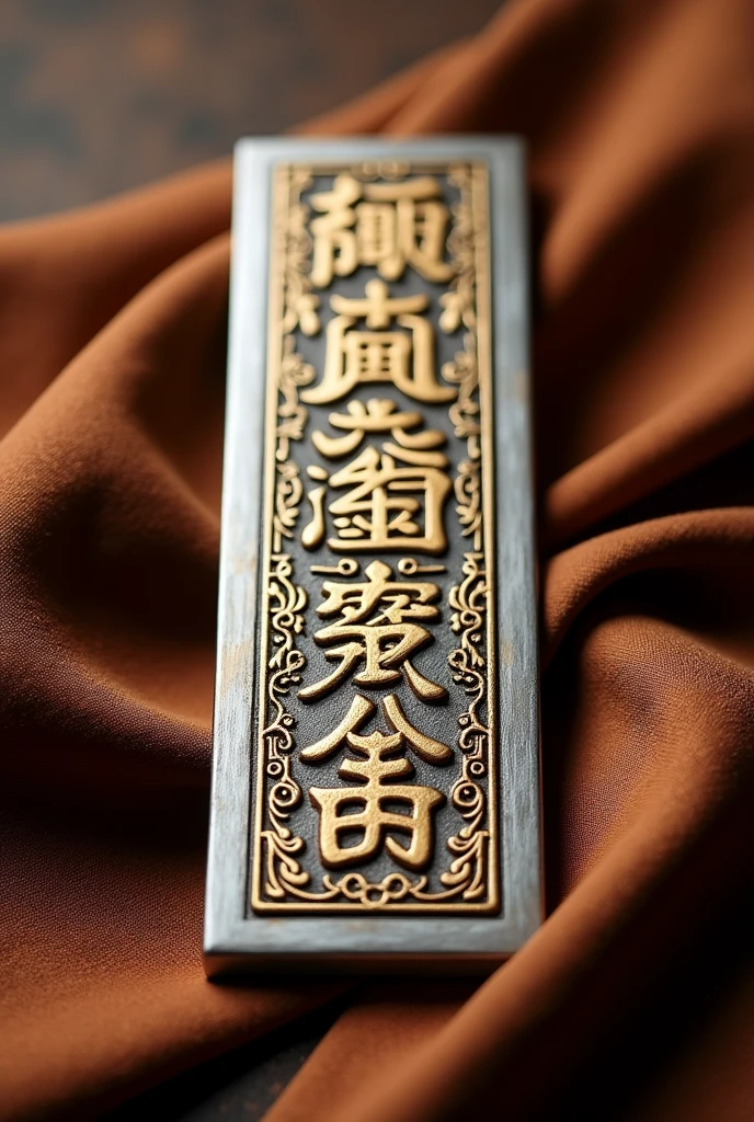 Chinese seal carving，A long strip of metal，silver，Wrap this brown cloth，Gold Engraving，Shiny grey edge.HD，Rich details，best quality，