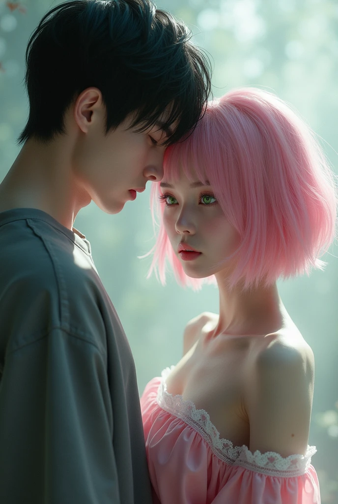 Generate a girl with pink eyes and a pink bob in sleepwear with a man that has black hair and green eyes standing next to her angrily