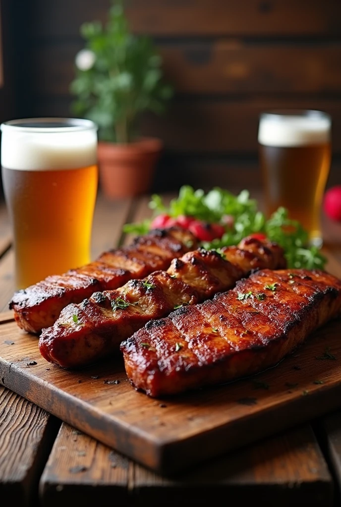 Pack of cooked meat with draft beer on the table