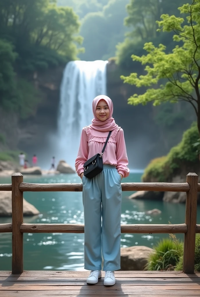 Top Quality, Masterpiece, High Resolution, 8k, Instagram photo, reailistic photo. Lora: realistic asian. a young woman white skinned,  20 years old, height 160 cm, standing in front of a waterfall. She is wearing a pink hijab and a long-sleeved top with a ruffled neckline. The top is paired with light blue trousers and white sneakers. She has a black crossbody bag slung over her shoulder. The woman is standing on a wooden bridge with a wooden railing and there are trees and bushes in the background. There are a few people visible in the distance. The overall mood of the image is casual and relaxed. 