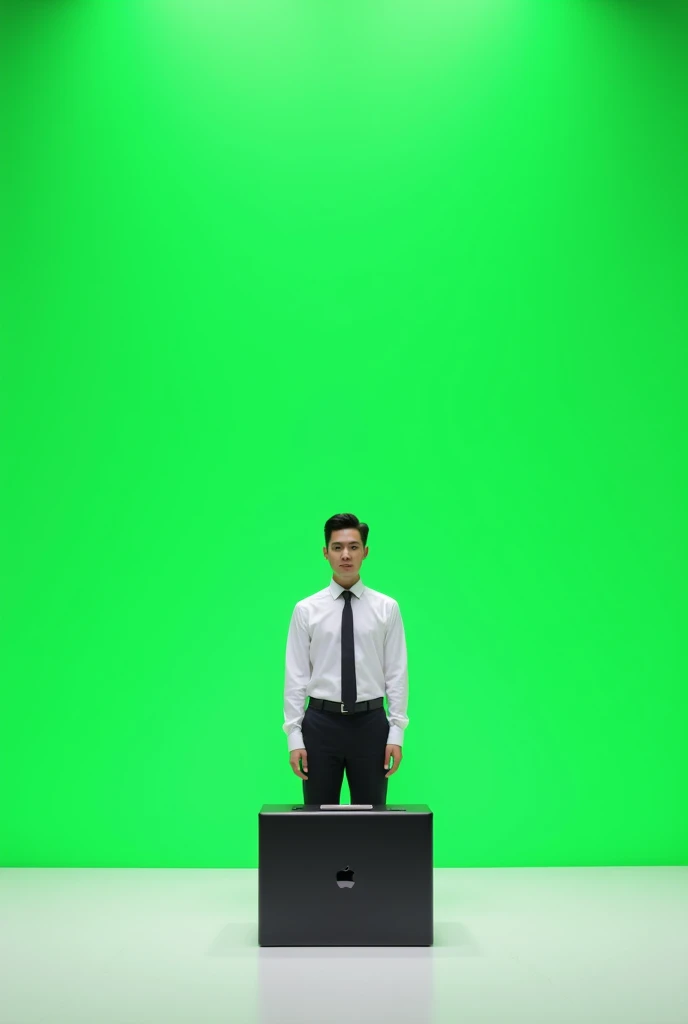 screen replaced with green screen, mock-up for advertisement, white background, professional attire, high-quality product shot, studio lighting