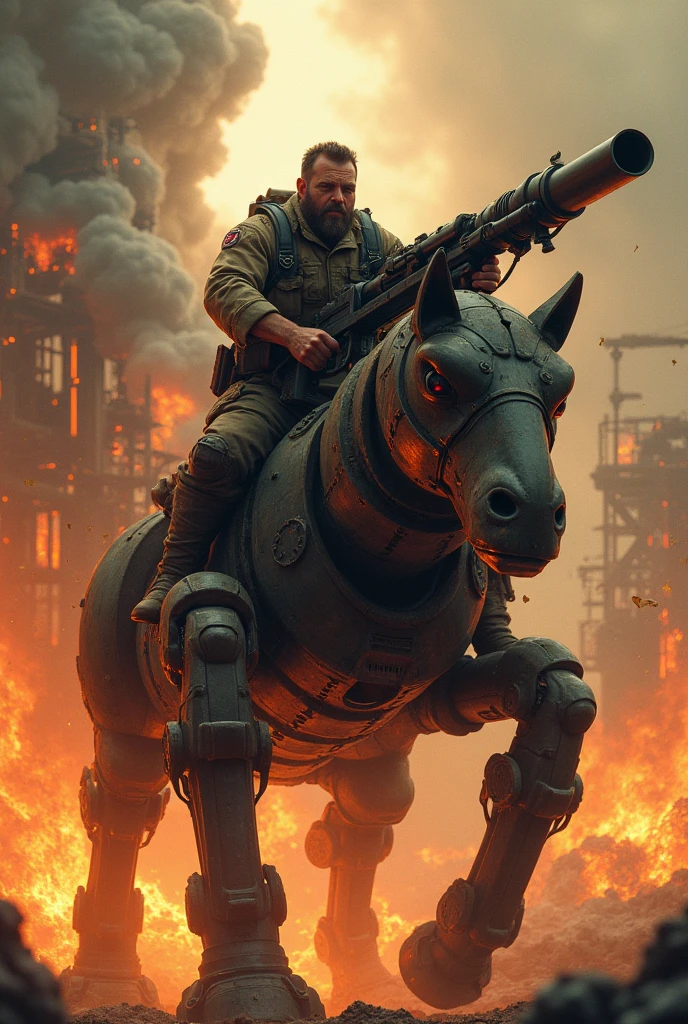 Man with machine gun rides robot against steampunk fire backdrop