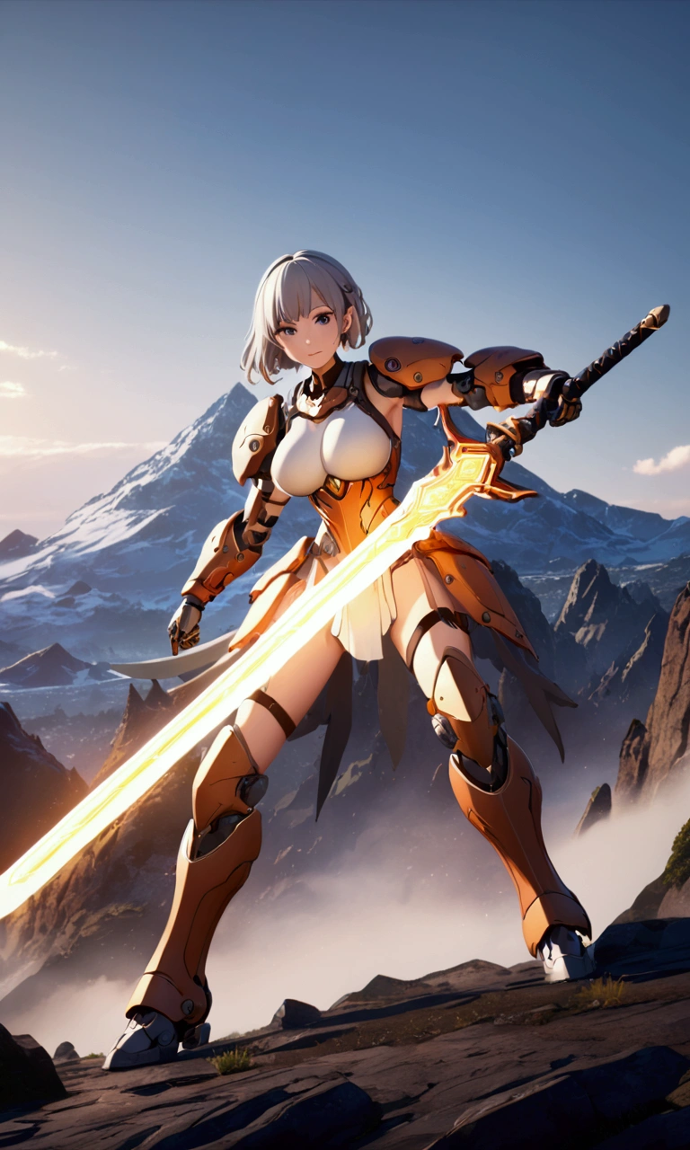 ((Highest quality、masterpiece、best quality,unreal engine,unity 8k wallpaper,anime style,animation style、High resolution、8k、detailed、ultra-detailed,upper body:1.3)),smile, adult woman,(((Holds an long energy sword in his right hand,battle dress,battle monster、The background is a mountain from another world:1.2))),Dynamic pose,Dynamic Angle,A dynamic scene,Big Breasts