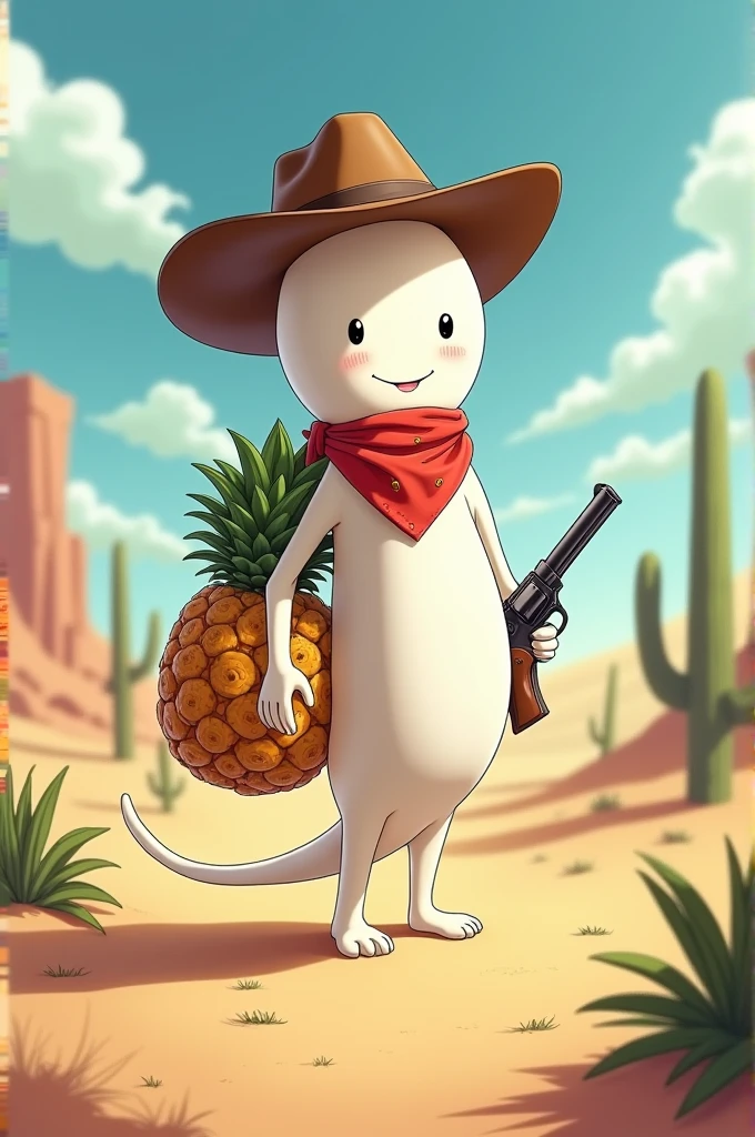 Create an animated white sperm. Instead of legs it has a long white tail.. Wearing a cowboy hat and a red bandana around his neck. In his hand he carries a gun sheathed in a condom and a bag full of pineapples.. The setting is the typical desert of the old west. The anime animation style.