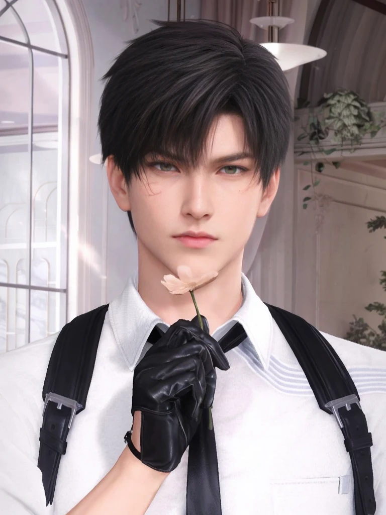 male handsome, high resolusion, adult, 2, perfect face, detailed face, muscular, black eyebrows, black eyelas, Detailed face, perfect face, real skin texture, detail Perfect hand, details, Real and complete hand details, unreal engine, hd picture, short hair, green to orange eyes, eye details, white skin, Zayne, love and deep space, Solo,