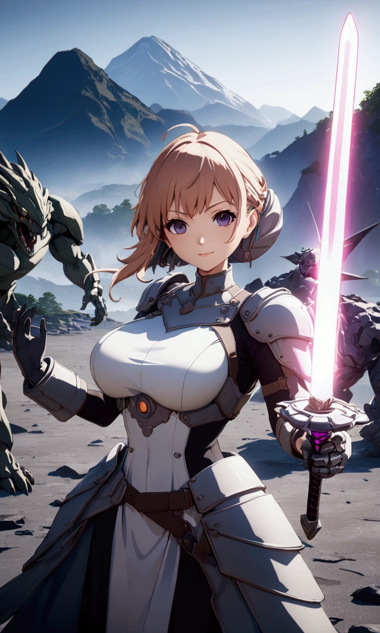 ((Highest quality、masterpiece、best quality,unreal engine,unity 8k wallpaper,anime style,animation style、High resolution、8k、detailed、ultra-detailed,upper body:1.3)),smile, adult woman,(((Holds an long energy sword in his right hand,battle dress,battle monster、The background is a mountain from another world:1.2))),Dynamic pose,Dynamic Angle,A dynamic scene,Big Breasts