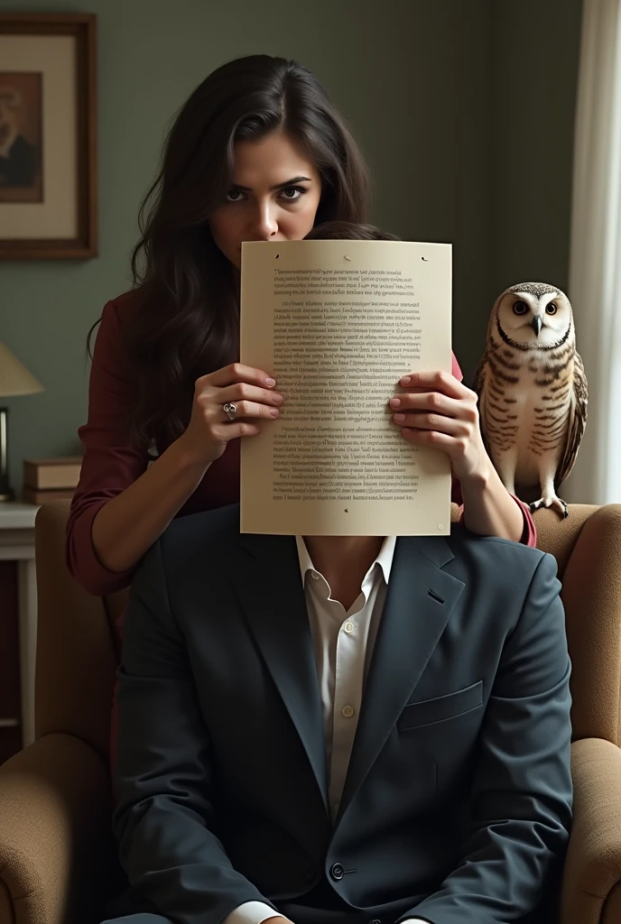 the woman covered the man's face with a sheet of paper. There is printed text on the sheet. Home environment. An owl sits on the back of a chair in the background.