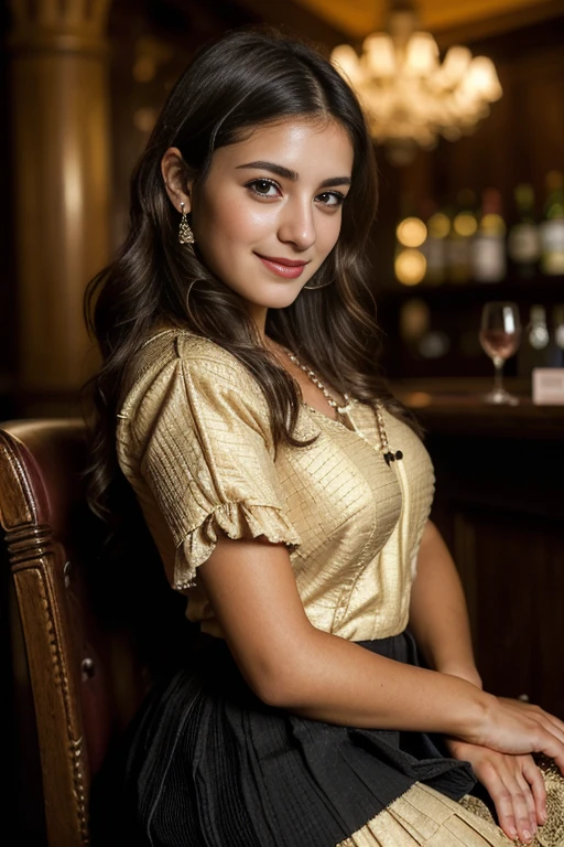 A Spanish beautiful girl, cute girl ,wonderful girl, she is 18-age-old, (dark brown hair , brown eye, middle curl hair, little smile ), (tradition l Spanish dress and skirt , hi-heal ,in Madrid night bar, on chair, many listener, dark lighting ,(super detail, high details, high quality, accurate, anatomically correct, textured skin, beautiful fingers super detail, high details, high quality, best quality)
