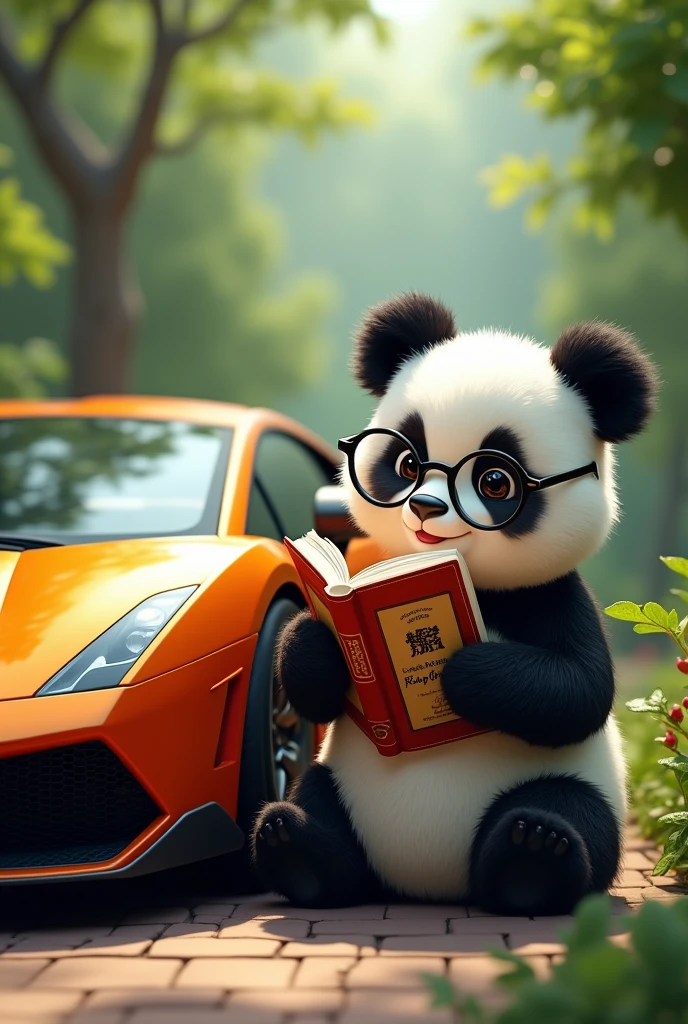 a cute panda is reading book next to a Lamborghini
