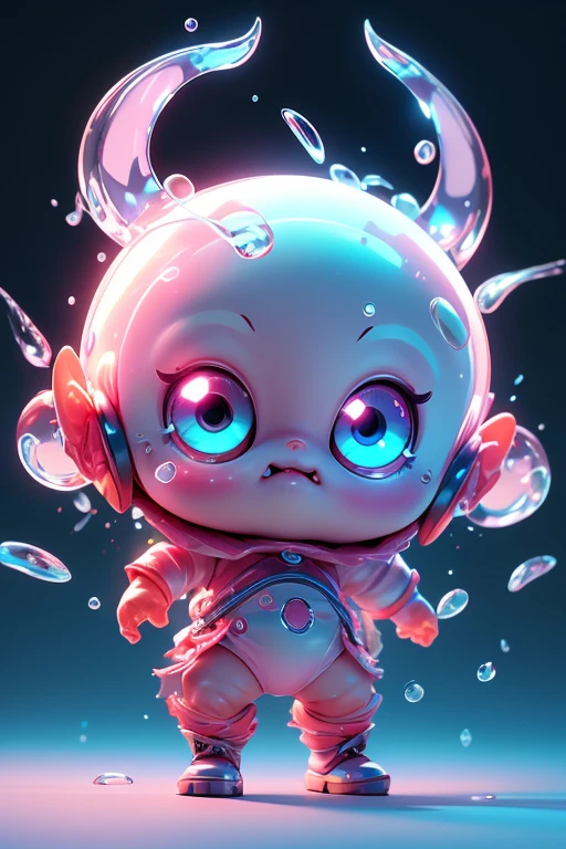 Create a monster image, a small, big-headed, baby monster.. The body is transparent and can be seen through. The image is sharp and detailed., with beautiful colors.. With arms, leg, eyes, mouth, พื้นหลังสีlegว