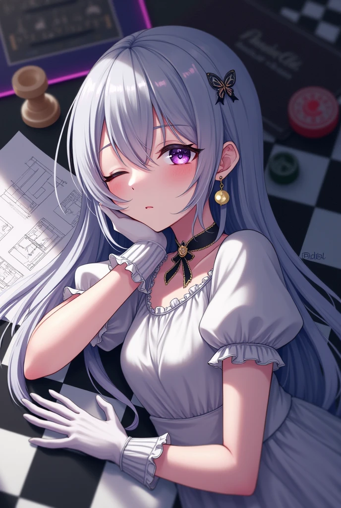 1girl, extreme detailed, Very detailed, colorful, highest detailed, masterpiece, best quality, highres, 8k, highly detailed face, Eve\(path_to_nowhere\), sleeping, (sleeping on chessboard desk:1.4), on stomach, chessboard desk, blueprint, toy, from above, grey hair, cleavage, parted bangs, very long hair, hair over one eye, one eye covered, x hair ornament, mole under eye, purple eyes, choker, black neckwear, neck ribbon, flower earrings, single earring, white blouse, puffy sleeves, short sleeves, white gloves, frilled gloves, wrist cuffs, butterfly ornament,