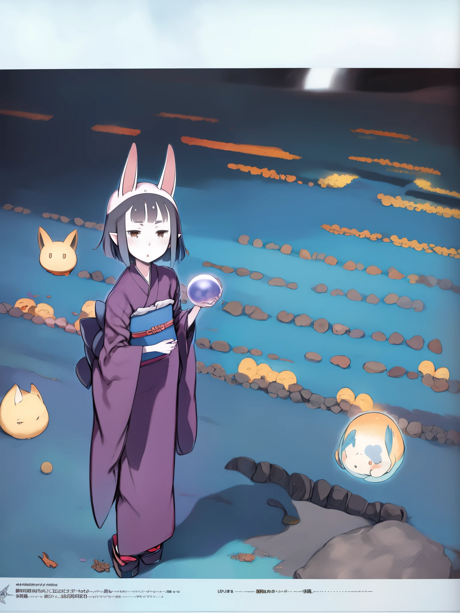 Hasaha, 1girl, _teen,o, brown eyes, animal ears, black hair, pointy ears, short_ hair, fox ears, bangs, blunt bangs, forest, sky, full body,
japanese clothes, kimono, tail, blue kimono, fox tail, crystal ball,
masterpiece, high quality, very_high_resolution, large_filesize, full color,night_town_landscape, cobblestone_road