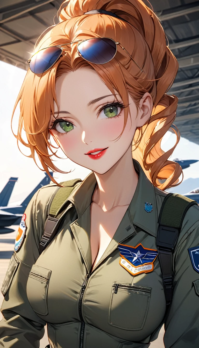 独奏, (Highest quality,4K,8k,High resolution,masterpiece:1.2),Very detailed, (((3 mature woman))), (((Mature Woman))), Best Bust、Large Breasts, Cleavage、Beautiful Eyes、Orange Hair、Moss green eyes、Red lips, ((ponytail)), (Drill Hair), ((forehead)), Very cute face, Glossy Lips, Double eyelids on both eyes, Tight waist、Beautiful Face、Natural smile、US Air Force military suit, Wearing sunglasses, Aviator Model (Ray-Ban RB3025), Natural light, F-18 military air force base background aircraft, Model Pose, dynamic angle, cowboy shot, Lens flare