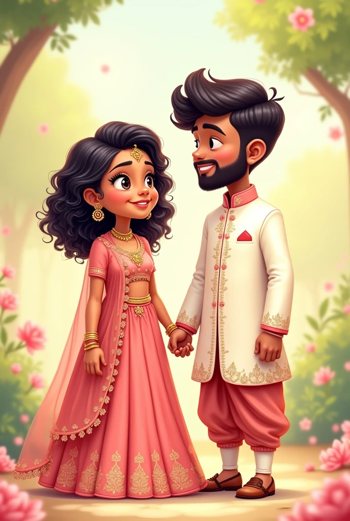 Create a cartoon image of chubby Indian short girl in onion pink engagement lehenga and curly black hair with golden curls and fair skin standing next to a chubby Indian boy in white open jacket sherwani with pastel work and fair skin and well shaped light beard