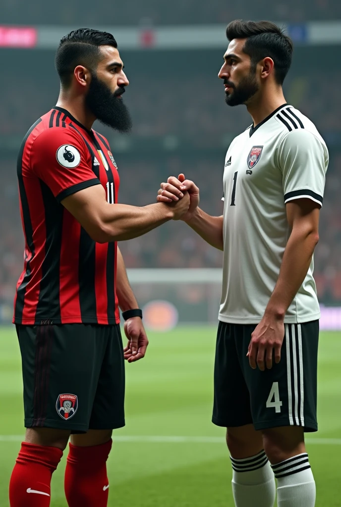A strong hairy Iranian football player with very hairy chest hair bearded, wearing no shirt, black shorts and red socks and black boots, side by side with a Brazilian soccer player, wearing no shirt, White shorts, white socks and white boots, giving an interview to a TV reporter on the lawn of the large football stadium full of people.