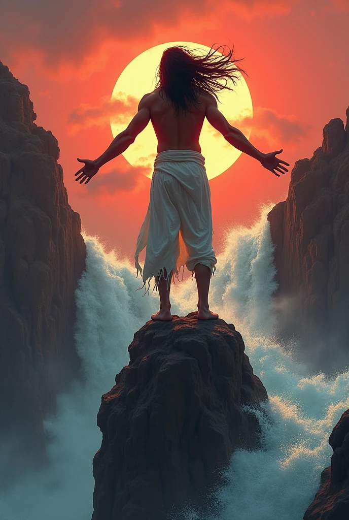 Man long black hair, bushy beard standing on high rock, The wind blows hard and swirls her hair, white pants thin fabric, slim bare torso, open arms looking towards the red sky, about to jump into the fierce waterfall that falls under his feet away from the setting sun and nature realistic image high quality