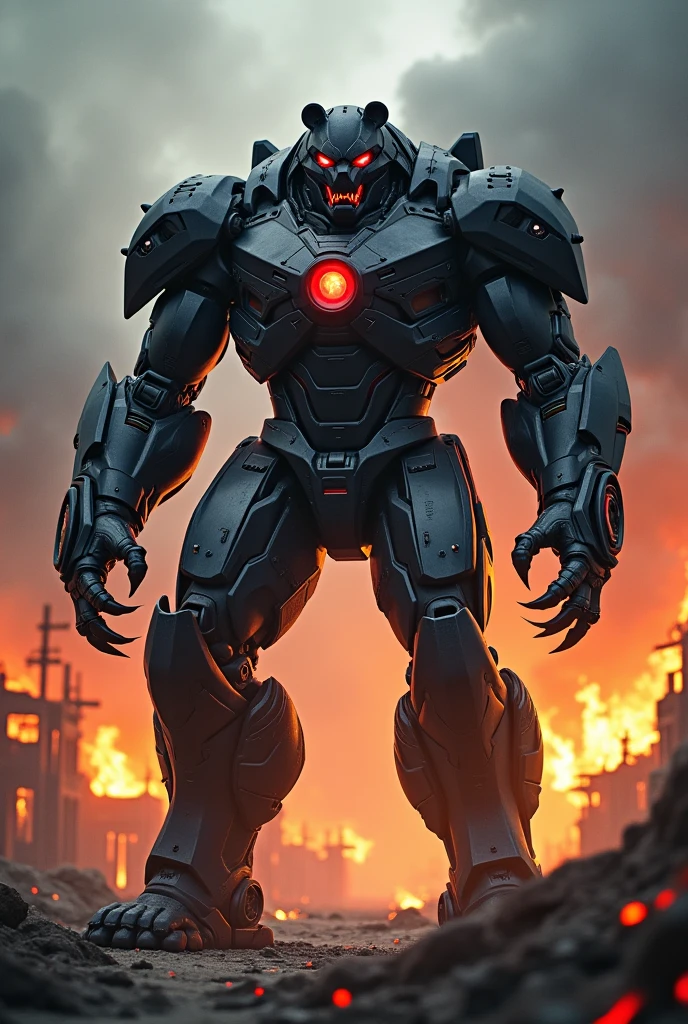 A big and muscular Armor machine style Iron man with URSA form and  black body with the red eyes, claws in arms, Village scenery in flames. 