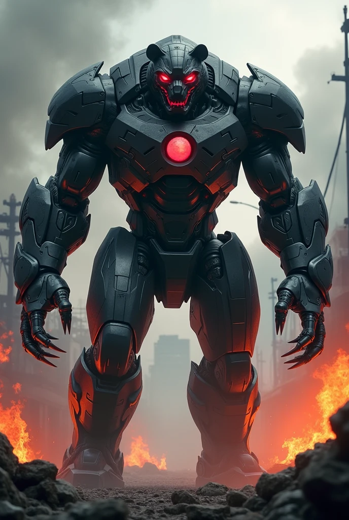 A big and muscular Armor machine style Iron man with URSA form and black body with the red eyes, claws in arms, Village scenery in flames.