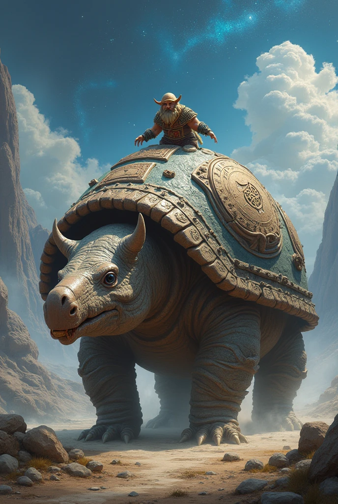 A gigantic mythos like very friendly looking armadillo of Epic proportions, as a moving fortress for a mythic dwarf