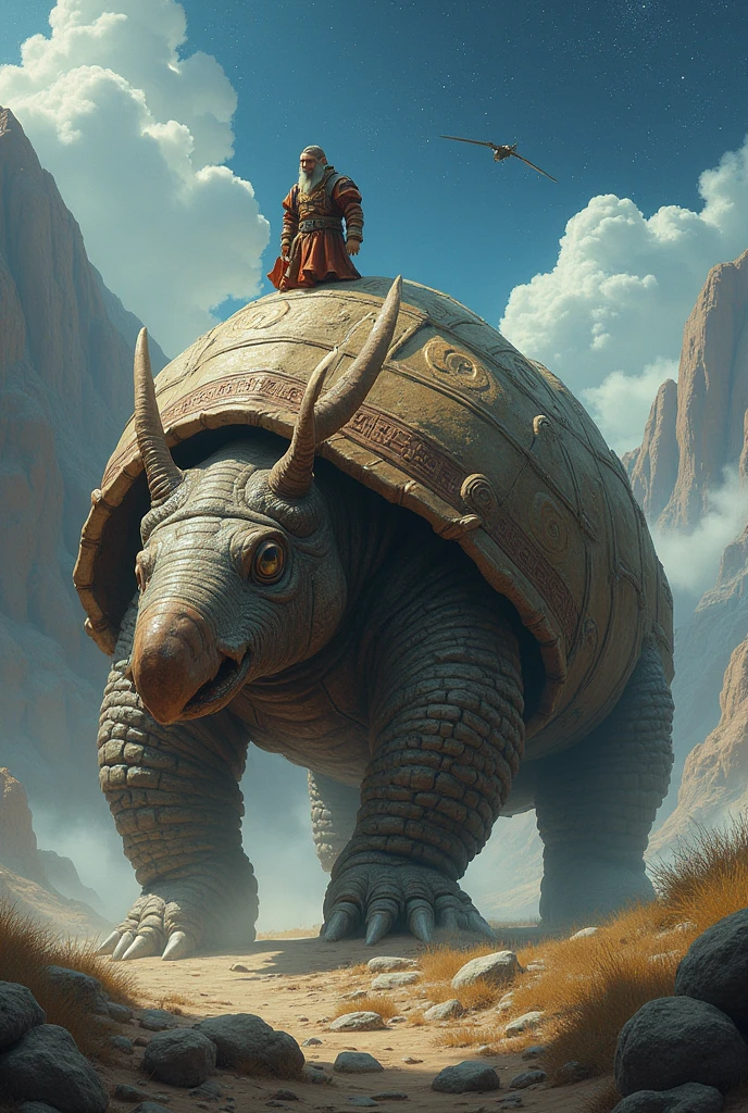 A gigantic mythos like very friendly looking armadillo of Epic proportions, as a moving fortress for a mythic dwarf