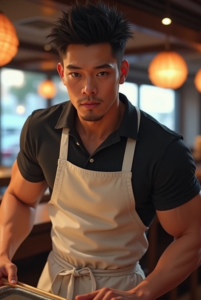 30 year old man with a well defined, athletic, muscular body, broad shoulders and a slight bulge in the lower area through the white apron, underneath black polo. Your face is a little Latin Asian, goatee, must have a strong jaw, Straight Nose, and a gentle and seductive look. The hair is black, straight and short spiky, and the eyes are dark and deep. realistic lighting, Dynamic angle, 真实感, best qualityer, fully body. sushi bar restaurant atmosphere, is working