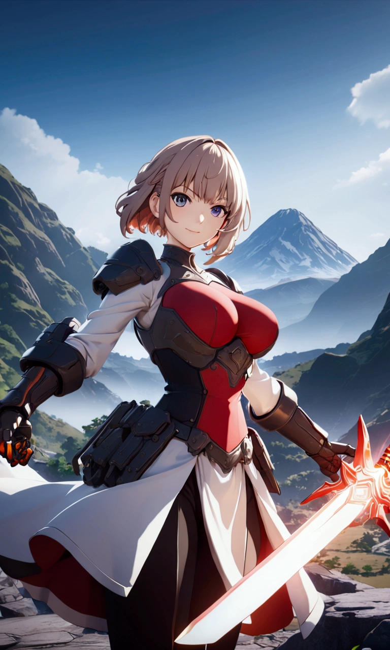 ((Highest quality、masterpiece、best quality,unreal engine,unity 8k wallpaper,anime style,animation style、High resolution、8k、detailed、ultra-detailed,upper body:1.3)),smile, adult woman,(((Holds an long energy sword in his right hand,battle dress,battle monster、The background is a mountain from another world:1.2))),Dynamic pose,Dynamic Angle,A dynamic scene,Big Breasts,red sword blade